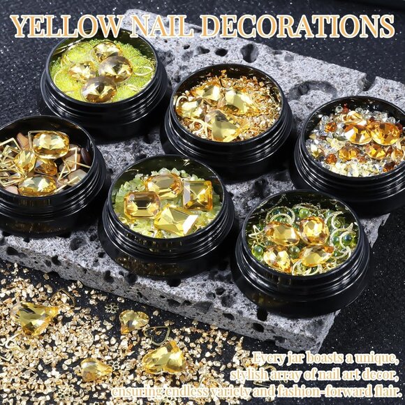 6 Wheels Mixed Sparkle Nail Art Rhinestones Diamonds Crystals Yellow - Picture 3 of 3